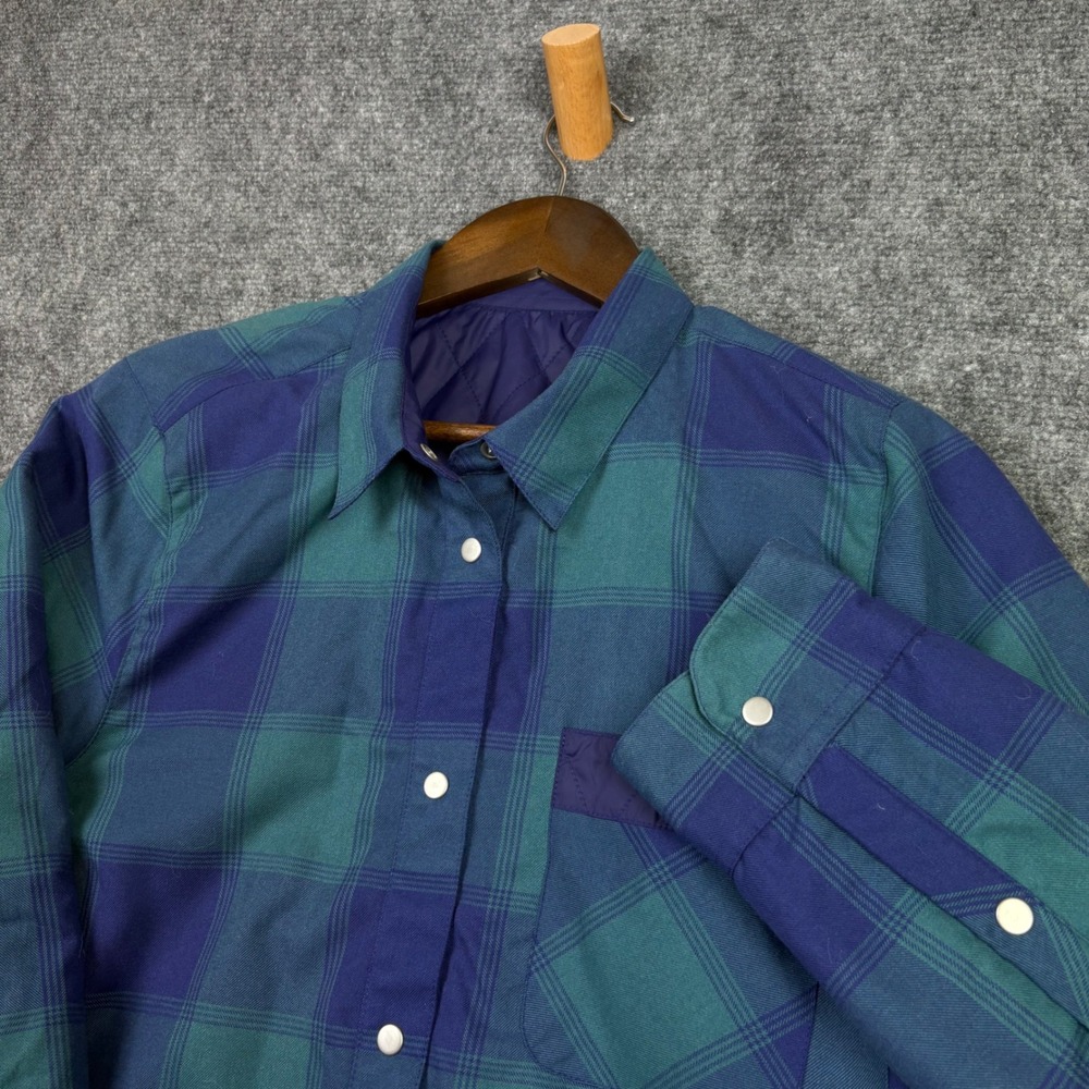 Flylow Insulated Flannel Shirt Jacket Womens L Blue Green Plaid Snap Front 0760